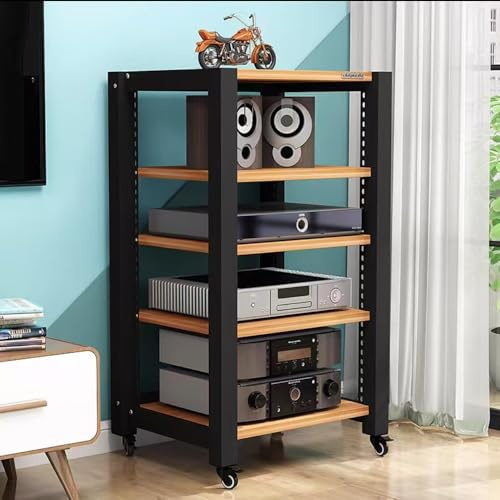 TAJMDGW Movable HiFi Audio Rack Adjustable AV Media Components Cabine Stand with Wheels, Heavy Duty Amplifier Storage Cabinet Stereo Shelf Organizer(Light Walnut,5-Tier)