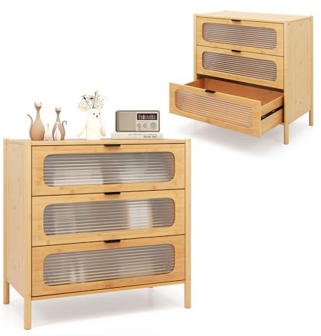 KOMFOTTEU Commode en Bambou avec Tiroirs en Verre Trempé, Meuble Rangement avec Kit Anti-basculement, Armoire pour Chambre, pour Salle à Manger, Salon, Bureau, Naturel (3 Tiroirs, 80 x 40 x 78,5 cm)