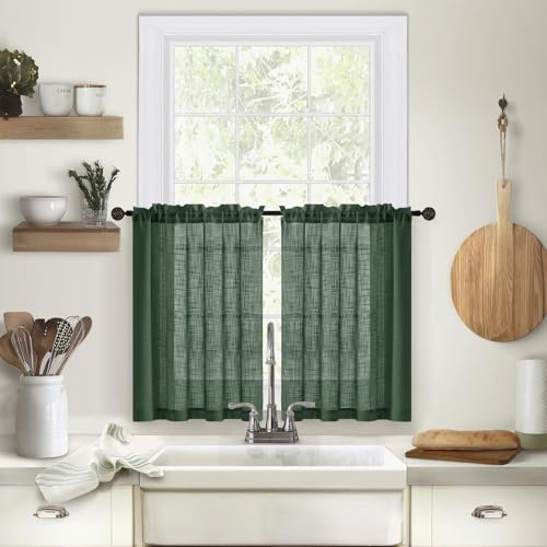 Devola Juego de 2 visillos de cocina con aspecto de lino, modernas, modernas, pequeñas, semitransparentes, cortas, 93,5 x 63,5 cm, verde oscuro, 2 unidades