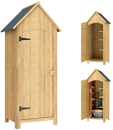 Outsunny Caseta Jardín Exterior de Madera 77,5x54,2x179,5 cm 0,3 m² Cobertizo Jardín Exterior Armario para Almacenaje de Herramientas con 3 Estantes y 2 Puertas con Cerrojo para Patio Terraza Natural