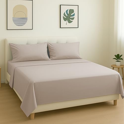 DH DREAMER HOME Juego de Sábanas de 4 Piezas - Ropa de Cama Poliéster para Cama de 180 - Sábana Encimera de 250x270cm, Bajera Ajustable de 180x200+27cm y 2 Funda Almohada de 45x100cm - Color Beig