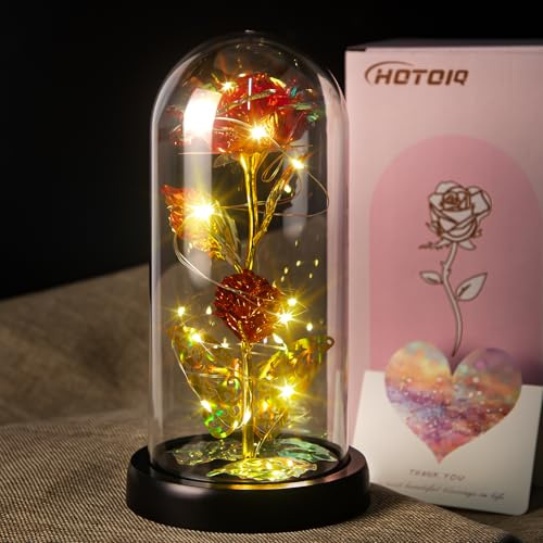 HOTOIQ Rose Flowers Birthday Gifts for Women, Flowers Gift for Girlfriend, Eternal Flowers in Glass Dome, Unique Artificial Rose Flower Gifts for Mum, Grandma, Friends, for Wedding, Anniversary
