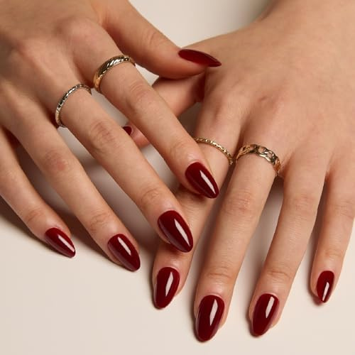 LAMIMOSA 32Pcs Press On Nails Short Almond, Burgundy Red False Nails with Glue, Soft Gel Fake Nails kit in 16 Sizes, Reusable Stick On Nails, Glue On Nails, TUSCAN RED