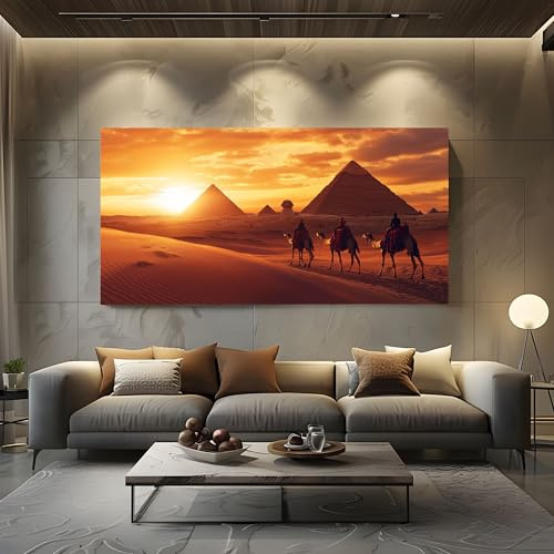 ZORYAN Leinwandbild Antike Wüste Wand Druck Großes Gemälde Ägypten Pyramide | Modern Wall Art Poster Landschaft Kamel Deko Wohnzimmer Schlafzimmer Wandbilder Kunstdruck 80x160 cm