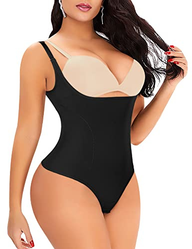 Womens Shapewear Bodysuit Body Shaper Thong(Pure Black,Large)