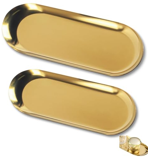 2 Pcs Gold Oval Tray, Stainless Steel Decorative Tray, Multi-Purpose Elegant Metal Ornament Tray for Coffee Table, Vanity, Bedroom, Bathroom, Makeup Organiser, Snack Holder, Cosmetic Dish Bowl (S&M)