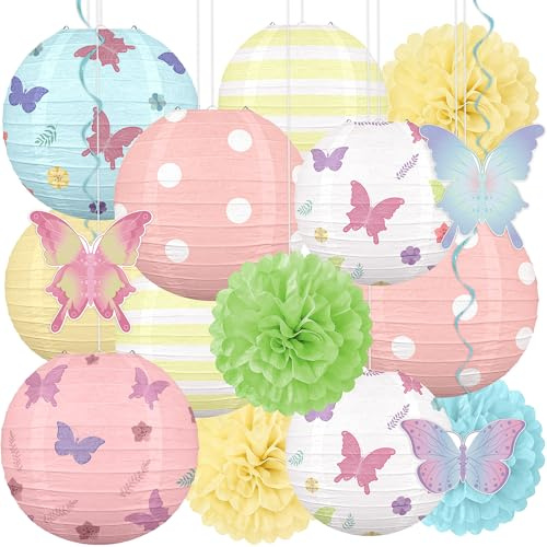 16pcs Butterfly Paper Lantern Decorations – Pastel Floral Spring Hanging Decor for Birthday Party, Centerpieces