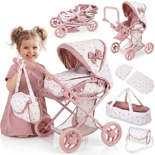 Kinderplay Puppenwagen 3-in-1 rosa mit Tragetasche – Höhenverstellbarer Kinderwagen Puppenwagen 36,5–64 cm, klappbar, leise Schaumräder – für Puppen bis 40 cm, ab 3 Jahren