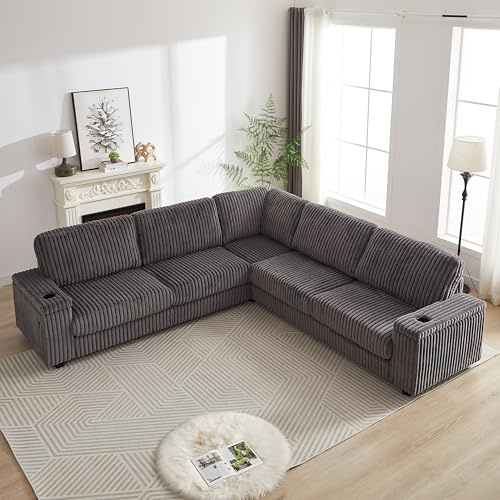 Eafurn Symmetric L Shaped Sectional Sofa Corner Couch - Fluffy Corduroy Upholstered Lounge Sofa with Hidden Storage Box, Cup Holders, USB Ports and Type-C Ports for Living Room