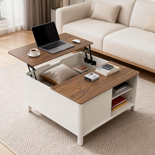YU YUSING Couchtisch Höhenverstellbar Wohnzimmertisch mit Stauraum 80x80cm | Beistelltisch Kaffeetisch Quadratischer mit Verstecktem, Modern Sofatisch umwandelbar in Esstisch für Wohnzimmer/Büro