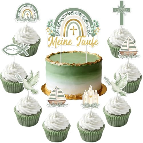 Jollyboom Set de decoración para bautizo – 24 unidades de decoración para tartas y cupcakes en verde salvia arco iris Boho con cruz paloma Biblia eucalipto motivo para niño y niña Primera Comunión