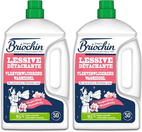 JACQUES BRIOCHIN – Konzentriertes Waschmittel mit schwarzer Seife – Starke Fleckentfernung – Langanhaltender Blumenduft – 50 Waschgänge – 95 % natürlich – 2,27 L (Packung mit 2)