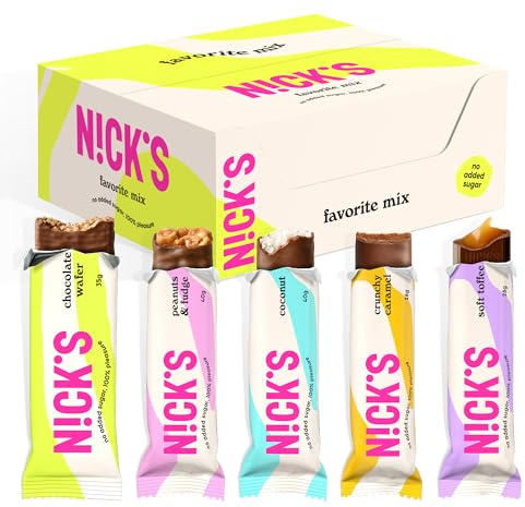 NICKS Favori Assortiment Barres Chocolat Keto Sans Sucre Ajouté, Sans Gluten, Sans Huile de Palme, Faible teneur en glucides et en calorie, Low carb (12 Barres Céto)