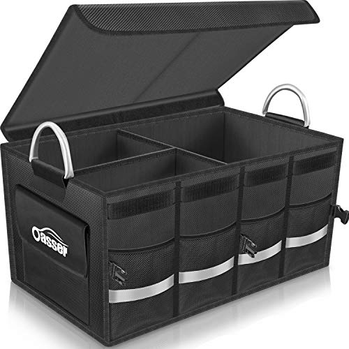 Oasser Organizador Maletero Coche Tamaño Grande Tapa Desmontable con Asa de Aluminio Diseño Plegable Impermeable y Antideslizante Negro E3
