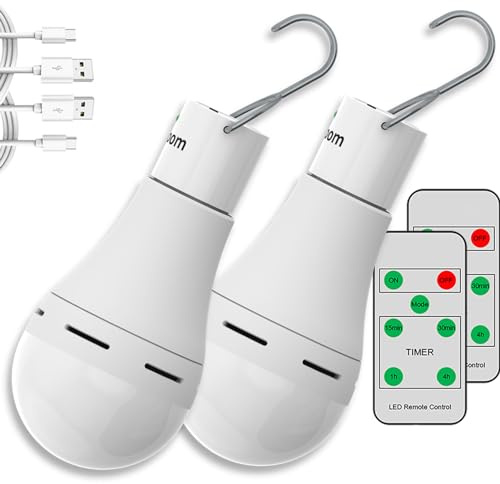FLYHOOM USB Rechargeable Light Bulbs with Remote, 4 Light Modes + Timer, 1200 mAh Rechargeable Battery, Portable LED Tent Light Bulbs for Home Emergency Camping Tent (Pack of 2)