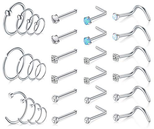 Mayhoop 30Piezas Piercing Nariz Aros Espárragos de Nariz 20G Acero Quirúrgico con Ópalo Mármol Anillos de Nariz Plata Mujer Hombre Niña Joyería Piercing