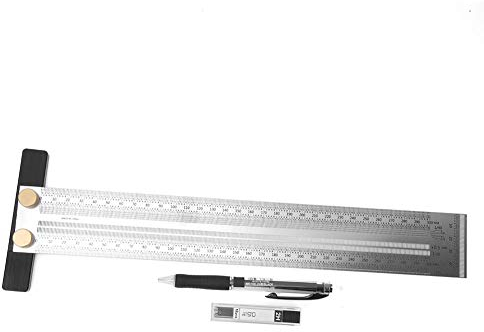Anreißlineal Edelstahl T-Loch Lineal Präzisionsmarkierung T-Rule Carpenter Messwerkzeug zum Positionieren und Markieren von Tischler-Einsteckschlitzen mit automatischem Bleistift(300mm)