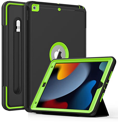 DAORANGE Hülle für iPad 9. 8. 7. Generation (10,2 Zoll, Modell 2021/2020/2019), Stoßfeste Schutzhülle mit Stifthalter und Auto Schlaf/WachenFunktion Ständer für iPad 9/8/ 7 (Schwarz+Grün)