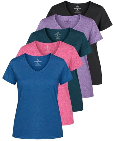 Real Essentials Damen Sport-T-Shirt, kurzärmelig, V-Ausschnitt, Dry-Fit feuchtigkeitsableitendes Yoga-Top (erhältlich in großen Größen), 5er-Pack | Erhältlich in Übergröße, kurzärmelig, feuchtigkeitsableitend, Stretch, Activewear, Laufen, Wandern, Tennis, Pickleball