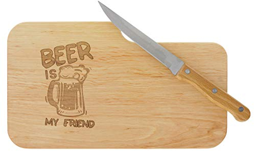 LASERHELD Meinbecher Bread Board Snack Board Wooden Alder Knife Beer is My Friend Gift Men Chopping Board Wood Gift Idea for Him