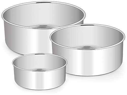 E-far Cake Pan Set of 3 (4’’/6’’/8), Deep Stainless Steel Round Cake Pans Tins for Wedding Birthday, Non-toxic & Dishwasher Safe, Mirror Finish & Straight Side