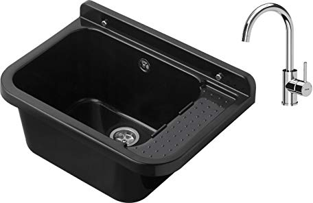 VBChome Ausgussbecken mit Armatur 59 x 34 x 21 cm Schwarz Schwarz + Armatur Chrom Spülbecken Waschtrog mit Überlauf Waschbecken für Gewerbe Waschraum Garten inkl. Ablaufgranitur
