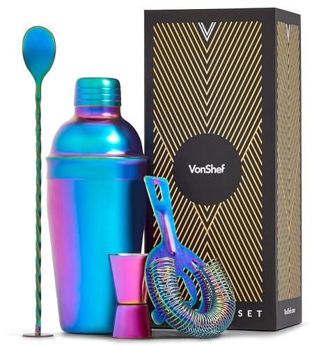 VonShef Iridescent 4pc Cocktail Shaker Set, 550ml Manhattan Shaker, Professional Bartender Set for Home Bar, Includes Strainer, Jigger & Other Bar Accessories, Gift Box Included