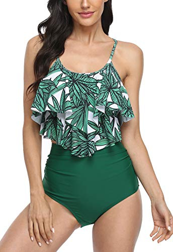 Sixyotie Swimsuit for Women Two Piece Bathing Suits Ruffled Top with High Waisted Bottom Bikini Sets Swimwear (Agreenbamboo, L)