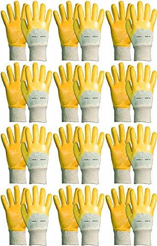 Novatool 24 pares de guantes de nitrilo para hombre I Talla 0e 9 I Nitrilo | Amarillo I EN388:2016 3111X I Guantes de trabajo resistentes al aceite Guantes de protección contra rosas, guantes de gato