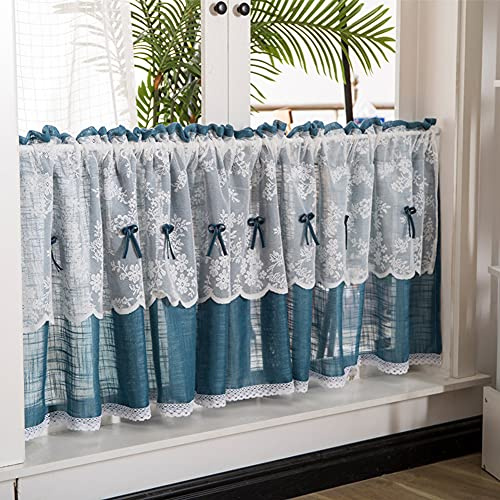 Ricemru Petrol Küchengardine Scheibengardinen Leinenoptik Landhausstil 70 Hoch mit Stickerei Spitze Bistrogardine Halbtransparent Kurz Küche Kurzstore 1er Pack,140x70