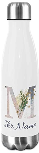 Trinkflasche Edelstahl selbst gestalten mit Name & Buchstabe M - Thermosflasche, Wasserflasche BPA-frei, Camping, Schule, Initiale I Personalisiertes Geschenk für Familie und Freunde - Weiß, 750 ml