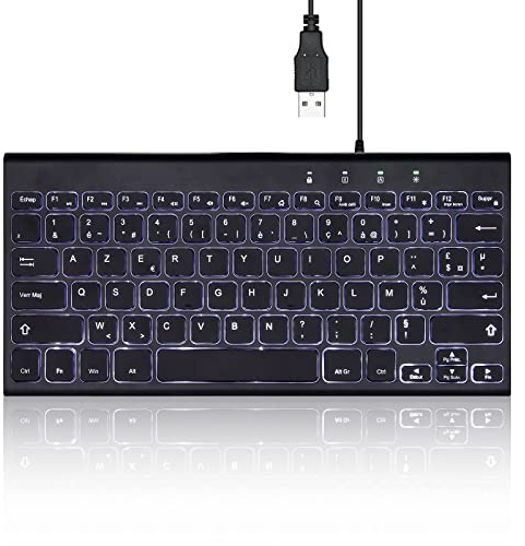 perixx PERIBOARD-429 Mini Clavier avec rétroéclairage, Design Fin et léger; Touches Multimédia, pour PC, Laptop, Noir, Configuration AZERTY Français