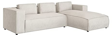 S-Style Möbel Nante Fünfsitziges Ecksofa Trendiges Modernes Ecksofa Nante Kord Stoff 262cm x 176cm x 64cm Gemütlich Lose Rückenlehnenkissen Schwarze Kunststoffbeine Eckseite Rechts Farbe Beige