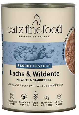catz finefood Ragout N° 605, lax & anka kattmat våt – finmat, våtfoder för katter i sås utan spannmål och socker med hög kötthalt, 6 x 380 g burk