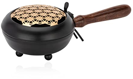 NKlaus Räucherpfanne aus Eisen Gold Blume des Lebens Räuchergefäß schwarz mit Holzgriff 11487