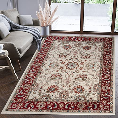 Mazovia Teppich Flur 60x100cm Creme Rot Klassisch Traditionell Weich Weiß | Teppich für Eingangsbereich Küche Büro Wohnzimmer Schlafzimmer Beige Pflegeleicht Fußbodenheizungsgeeignet Kurzflor Blickfang