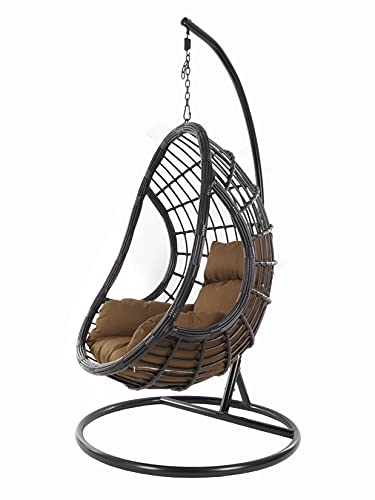 KIDEO Komplettset: großer Hängesessel mit Gestell & Kissen, Poly-Rattan, schwarz (Kissen: Dunkelbraun Nest (7790 Chocolate))