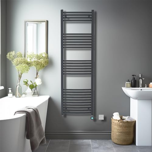 NRG Prefilled Curved Electric Heated Towel Rail Radiator Anthracite Bathroom Warmer LCD Screen Thermostatic Heating Element with WiFi 1600x500mm - 800Watt
