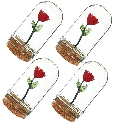 AOKWAWALIY Artificial Miniature Rose in Glass Dome 4pcs Set Mini Flower Decor for Tiny House