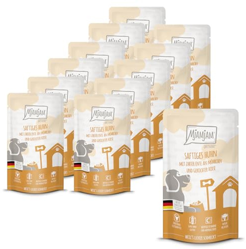MjAMjAM - Premium våtfoder för hundar - Quetschie - saftig kyckling med mört ankkött, morötter och kokt hirs, 12-pack (12 x 125g), glutenfritt med extra kött