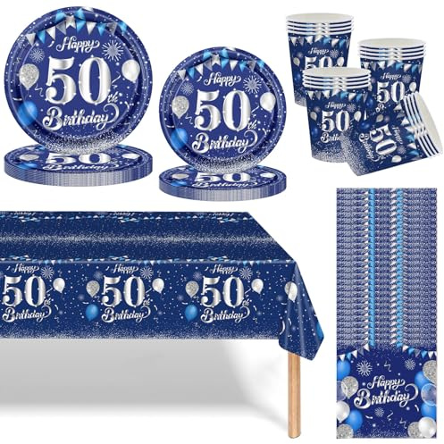 Navy Blau Silber 50 Geburtstag Partygeschirr Set,69 Stück 50.Geburtstag Männer Frauen Blau Silber Deko Pappteller Becher, Servietten und Tischdecke Set,Tischdeko für 50.Geburtstagsdeko Partys 16 Gäste