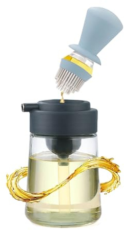 KICPUK Dispensador de aceite comestible 2 en 1 con cepillo de silicona, botella de cristal de cocina, material de silicona, gotero con cepillo, puede cepillar carne frita cepillo verduras (azul)