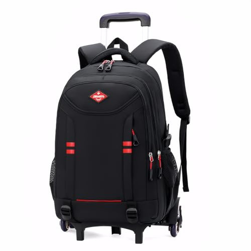 Amythe Schulrucksack Jungen mit Rollen,Abnehmbare Trolley Rucksack,6 Räder | Schulranzen Trolley für Jungen 3. 5. 7. klasse, Daypack Teenager 16 Zoll für Schule Reise, Schwarz-Rot, Schulstart