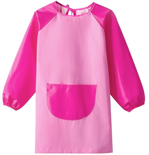 1 Pezzi Grembiule da Pittura Bambini con Tasche, Grembiulino Impermeabile Scuola Maniche Lunghe per Bambini 5-12 Anni, Grembiule da Gioco - Pittura, Scuola, Cucina, casa (rosa)