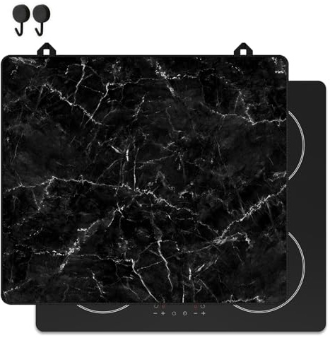 KitchyMist Herdabdeckplatte Marmor Schwarz und Weiß - 60x52 cm - Kochfeld Abdeckung - Induktionsschutz - Küchen-Spritzschutz