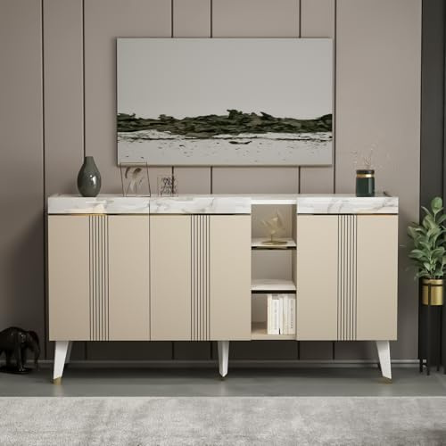 Homidea KARYA Konsole – Kommode – Sideboard – TV Board – mit 3 Türen in modernem Design 150 x 81.8 x 41.8 cm (Konsole - Beige/Marmor)