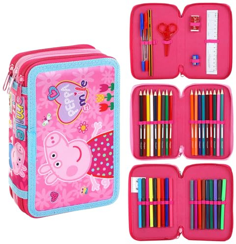 Peppa fyllt pennfodral fullt kontorsmaterial skolmaterial set för barn 3 nivåer med pennor, pennor och markörer gris karaktär temaset för flickor