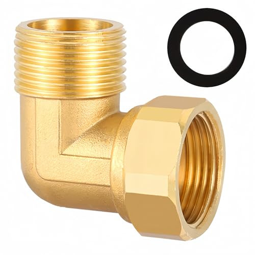Messing Beweglich Verschraubung G1/2 Zoll, Winkel 90° IG/AG, DN15 | Messing Bogen G1/2 (IG Ø 19,5mm x AG Ø 20,3mm), Beweglichem Gewinde, mit Gummidichtungen, Warm und Kaltwasserversorgung