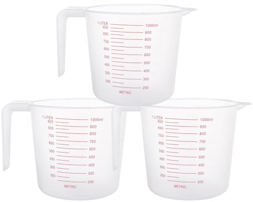 ASelected Lot de 3 verres à mesurer en plastique, 1 L, pichet gradué léger et transparent, pichet à mesurer empilable avec échelle de mesure et poignée pour la cuisine