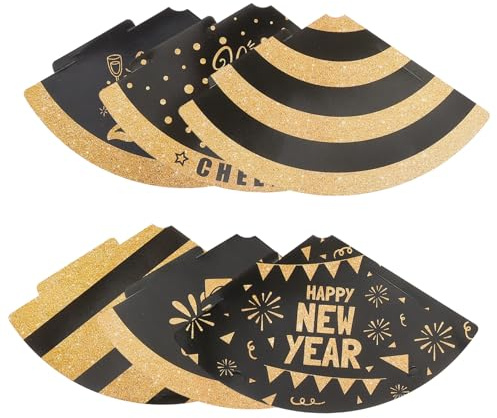 VICASKY 6 pezzi Cappelli Cono per Feste Capodanno Nero Oro Cappellini Compleanno e Adulti con Fascia Elastica Leggeri e Facili da Montare per Photo Booth e Celebrazioni